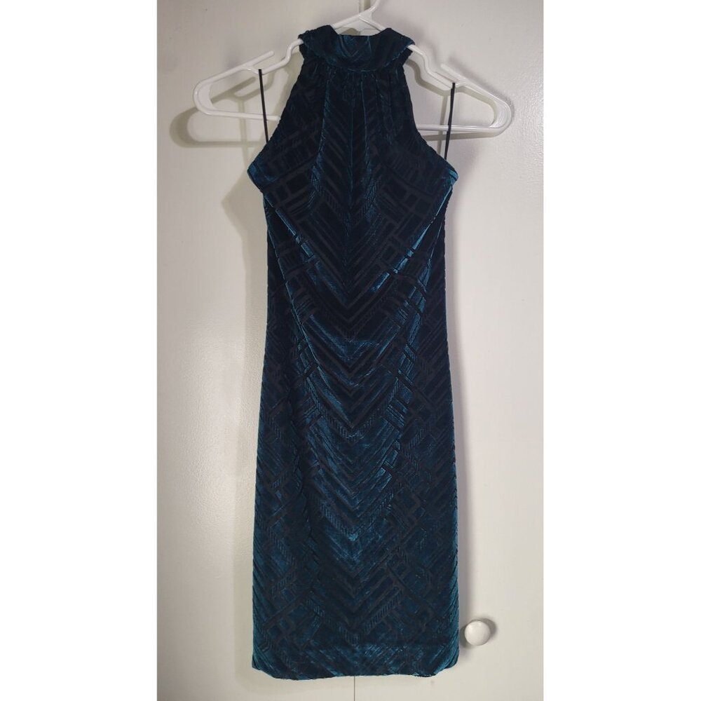 Dress the Population Avery Velvet Burnout Mini Dress Halter Geometric SZ XS Teal